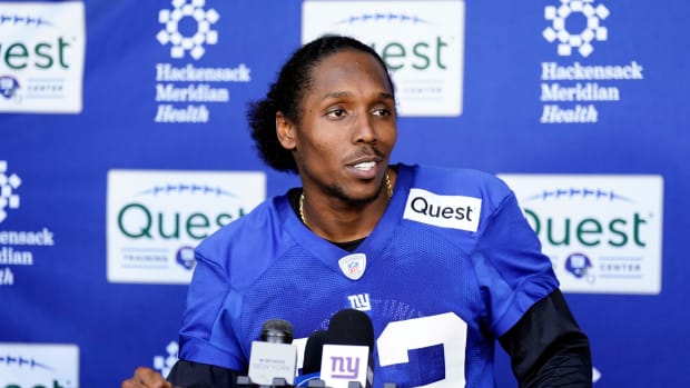 New York Giants cornerback Adoree' Jackson (22) talks to reporters after the organized team activities (OTA's) at the Giants training center on Wednesday, May 31, 2023, in East Rutherford.